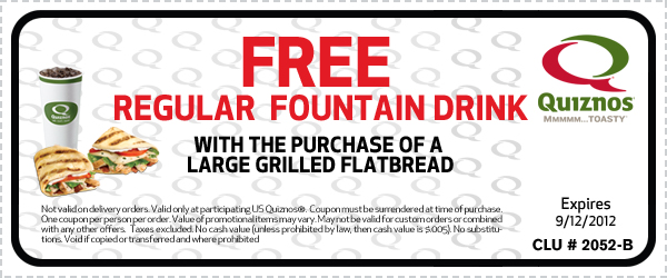 New Quiznos Coupon! Free Fountain Drink!